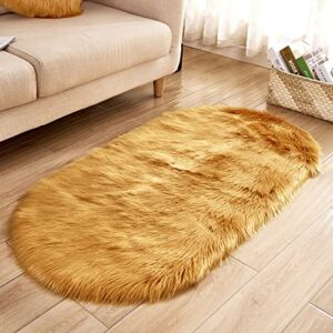 iseuj home 23 x 16inch small winter faux sheepskin area rugs fluffy artificial fur cozy fuzzy for bedroom living room, rectangle (gold)