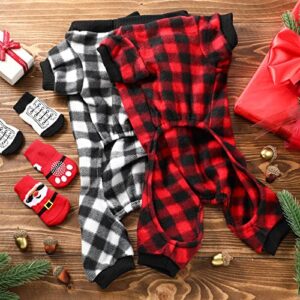 Saintrygo 2 Pieces Buffalo Plaid Dog Pajamas Christmas Pet Sweater with 8 Red Socks Winter Checkered Sleepwear Cold Weather Soft for Puppies Anti-Slip Knit Paw Protector Costume, White