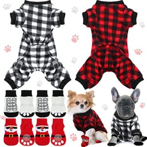 saintrygo 2 pieces buffalo plaid dog pajamas christmas pet sweater with 8 red socks winter checkered sleepwear cold weather soft for puppies anti-slip knit paw protector costume, white