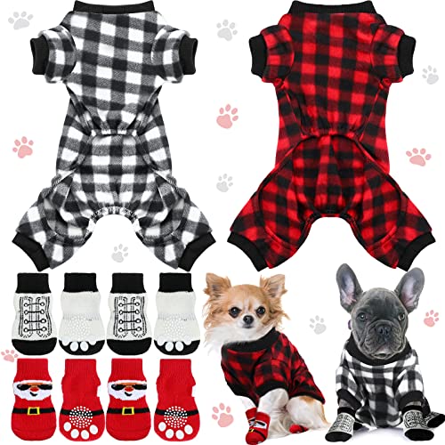 Saintrygo 2 Pieces Buffalo Plaid Dog Pajamas Christmas Pet Sweater with 8 Red Socks Winter Checkered Sleepwear Cold Weather Soft for Puppies Anti-Slip Knit Paw Protector Costume, White