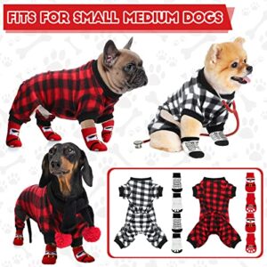 Saintrygo 2 Pieces Buffalo Plaid Dog Pajamas Christmas Pet Sweater with 8 Red Socks Winter Checkered Sleepwear Cold Weather Soft for Puppies Anti-Slip Knit Paw Protector Costume, White