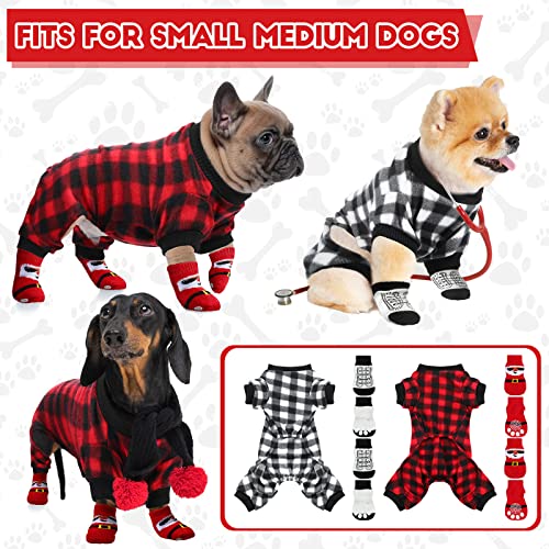 Saintrygo 2 Pieces Buffalo Plaid Dog Pajamas Christmas Pet Sweater with 8 Red Socks Winter Checkered Sleepwear Cold Weather Soft for Puppies Anti-Slip Knit Paw Protector Costume, White