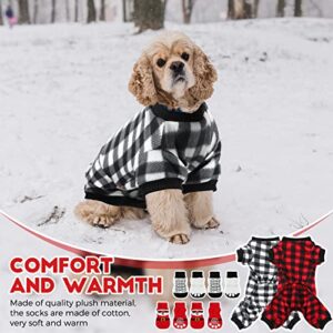 Saintrygo 2 Pieces Buffalo Plaid Dog Pajamas Christmas Pet Sweater with 8 Red Socks Winter Checkered Sleepwear Cold Weather Soft for Puppies Anti-Slip Knit Paw Protector Costume, White