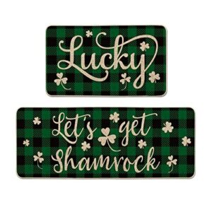 artoid mode green buffalo plaid let's get shamrock lucky clover kitchen mats set of 2, seasonal st. patrick's day anniversary holiday decorations for home kitchen - 17 x 29 inch and 17x47 inch