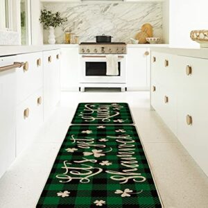 Artoid Mode Green Buffalo Plaid Let's Get Shamrock Lucky Clover Kitchen Mats Set of 2, Seasonal St. Patrick's Day Anniversary Holiday Decorations for Home Kitchen - 17 x 29 Inch and 17x47 Inch