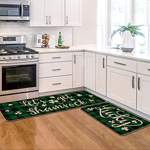 Artoid Mode Green Buffalo Plaid Let's Get Shamrock Lucky Clover Kitchen Mats Set of 2, Seasonal St. Patrick's Day Anniversary Holiday Decorations for Home Kitchen - 17 x 29 Inch and 17x47 Inch