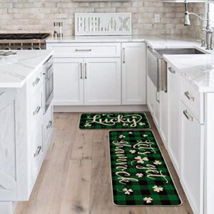 Artoid Mode Green Buffalo Plaid Let's Get Shamrock Lucky Clover Kitchen Mats Set of 2, Seasonal St. Patrick's Day Anniversary Holiday Decorations for Home Kitchen - 17 x 29 Inch and 17x47 Inch