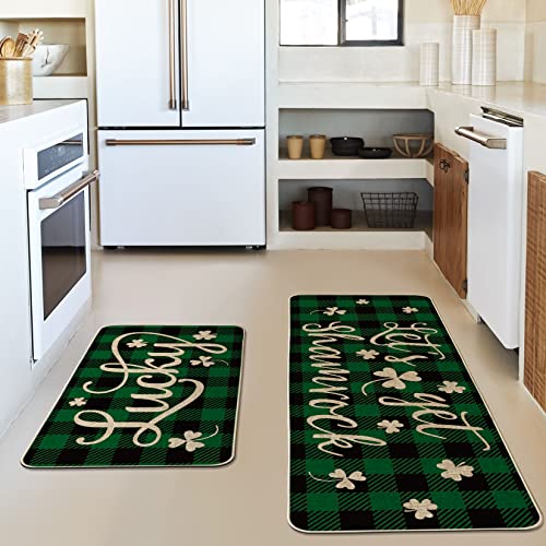 Artoid Mode Green Buffalo Plaid Let's Get Shamrock Lucky Clover Kitchen Mats Set of 2, Seasonal St. Patrick's Day Anniversary Holiday Decorations for Home Kitchen - 17 x 29 Inch and 17x47 Inch