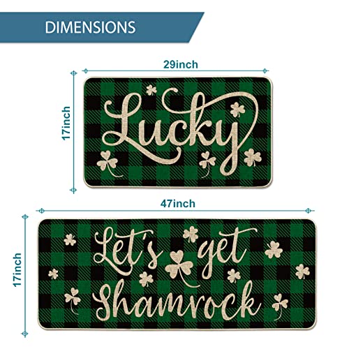 Artoid Mode Green Buffalo Plaid Let's Get Shamrock Lucky Clover Kitchen Mats Set of 2, Seasonal St. Patrick's Day Anniversary Holiday Decorations for Home Kitchen - 17 x 29 Inch and 17x47 Inch