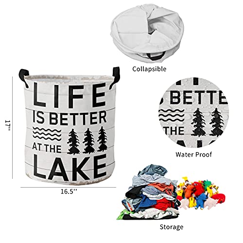 Laundry Basket Trees Shrubs Lake Farmhouse Retro White Plank,Waterproof Collapsible Clothes Hamper Life is Better Quote,Large Storage Bag for Bedroom Bathroom