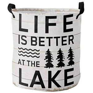 laundry basket trees shrubs lake farmhouse retro white plank,waterproof collapsible clothes hamper life is better quote,large storage bag for bedroom bathroom