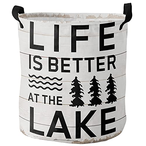 Laundry Basket Trees Shrubs Lake Farmhouse Retro White Plank,Waterproof Collapsible Clothes Hamper Life is Better Quote,Large Storage Bag for Bedroom Bathroom