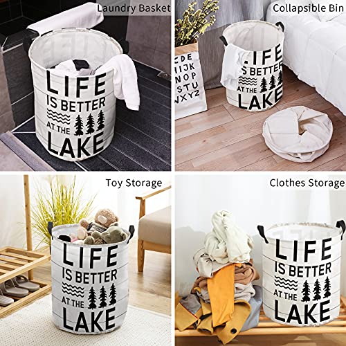 Laundry Basket Trees Shrubs Lake Farmhouse Retro White Plank,Waterproof Collapsible Clothes Hamper Life is Better Quote,Large Storage Bag for Bedroom Bathroom