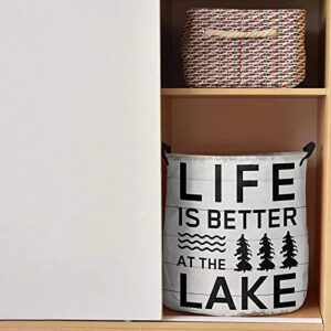 Laundry Basket Trees Shrubs Lake Farmhouse Retro White Plank,Waterproof Collapsible Clothes Hamper Life is Better Quote,Large Storage Bag for Bedroom Bathroom