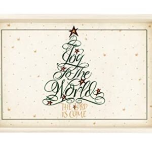 Elysian Gift Shop Joy to The World Christmas Serving Tray- Rustic Farmhouse Modern slatted Wood Look with Handles and Christmas Tree Christmas Decorative Large Platter, Ivory, 18x12