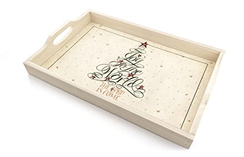 Elysian Gift Shop Joy to The World Christmas Serving Tray- Rustic Farmhouse Modern slatted Wood Look with Handles and Christmas Tree Christmas Decorative Large Platter, Ivory, 18x12