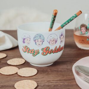 The Golden Girls "Stay Golden" Japanese Ceramic Dinnerware Set | Includes 20-Ounce Ramen Noodle Bowl and Wooden Chopsticks | Asian Food Dish Set For Home & Kitchen | 80s TV Show Gifts and Collectibles