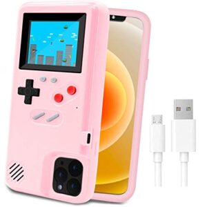 lucbuy game console case for iphone, retro protective cover self-powered case with 36 small game,full color display,shockproof video game case for iphone 13/13 pro - pink