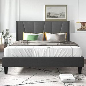 allewie full size bed frame/upholstered platform bed with geometric wingback headboard/mattress foundation/wood slat support/no box spring needed/easy assembly, dark grey