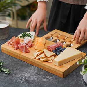 kahoo bamboo cheese board set, wooden charcuterie board serving platter with knife set, for wine, cheese, meat, fruit， vegetable