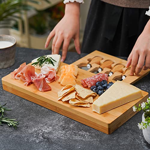 KAHOO Bamboo Cheese Board Set, Wooden Charcuterie Board Serving Platter with Knife Set, for Wine, Cheese, Meat, Fruit， Vegetable