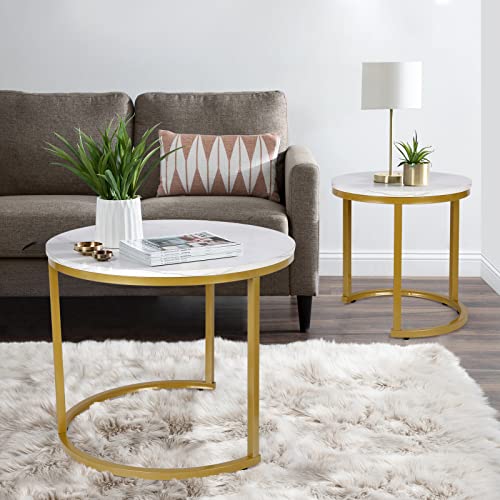 SMOOL Modern Nesting Coffee Table Set of 2 for Living Room Balcony Office, Round Wood Accent Side Coffee Tables with Sturdy Metal Frame, Easy Assembly(Marble)