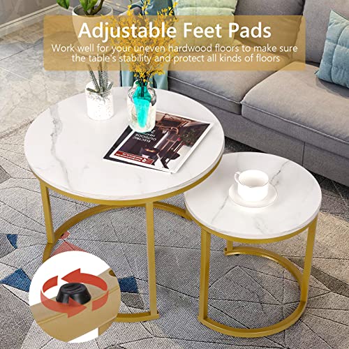 SMOOL Modern Nesting Coffee Table Set of 2 for Living Room Balcony Office, Round Wood Accent Side Coffee Tables with Sturdy Metal Frame, Easy Assembly(Marble)