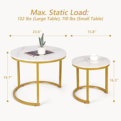 SMOOL Modern Nesting Coffee Table Set of 2 for Living Room Balcony Office, Round Wood Accent Side Coffee Tables with Sturdy Metal Frame, Easy Assembly(Marble)