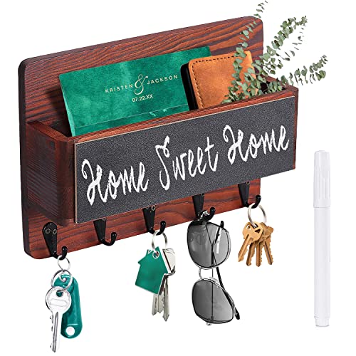 EMERAL Decor Pine Wood Wall Key Holder - Black Dry-Erase Chalkboard (Marker Included) - Decorative Rack Hook to Organize Keys, Mail, Dog Leashes - Housewarming Gift