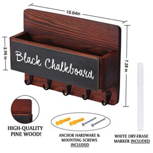 EMERAL Decor Pine Wood Wall Key Holder - Black Dry-Erase Chalkboard (Marker Included) - Decorative Rack Hook to Organize Keys, Mail, Dog Leashes - Housewarming Gift