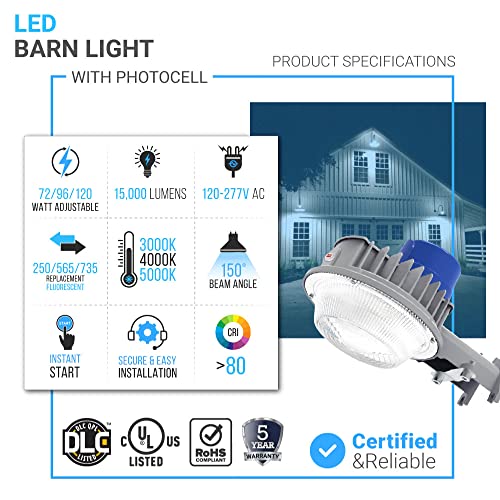 LEDMyplace LED Barn Light w/ 3-pin NEMA Photocell 72/96/120W Adjustable & 3000K/4000K/5000K CCT Tunable 120-277V, IP65 Waterproof Flood Lights Outdoor for Yard, Warehouse, Garage, Street