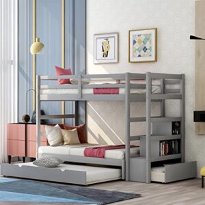 twin over twin/king bunk beds with trundle, new version wooden bunk beds with storage drawers and stairs, extendable pull-out bunk bed, convertible to twin over king bunk beds (new, grey)