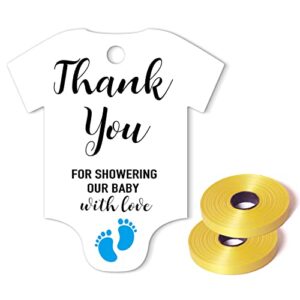 thank you for showering our baby with love tags, blue little feet baby shower favor tags, baby onesie gift tags, thank you tags, pack of 50
