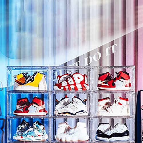 STAHMFOVER Clear Shoe Box, Set of 9 Stackable Plastic Sneaker Box Container, Magnetic Side Open Shoe Organizer and Shoes Storage Case, Full Transparent to Display Sneakers