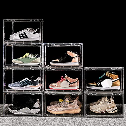 STAHMFOVER Clear Shoe Box, Set of 9 Stackable Plastic Sneaker Box Container, Magnetic Side Open Shoe Organizer and Shoes Storage Case, Full Transparent to Display Sneakers