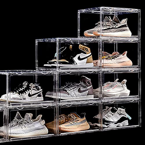 STAHMFOVER Clear Shoe Box, Set of 9 Stackable Plastic Sneaker Box Container, Magnetic Side Open Shoe Organizer and Shoes Storage Case, Full Transparent to Display Sneakers