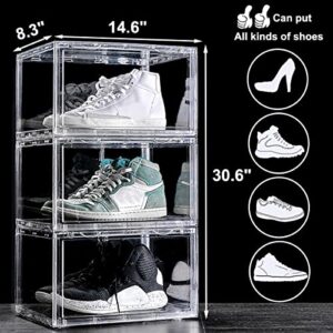 STAHMFOVER Clear Shoe Box, Set of 9 Stackable Plastic Sneaker Box Container, Magnetic Side Open Shoe Organizer and Shoes Storage Case, Full Transparent to Display Sneakers