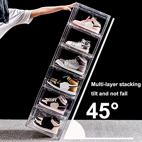 STAHMFOVER Clear Shoe Box, Set of 9 Stackable Plastic Sneaker Box Container, Magnetic Side Open Shoe Organizer and Shoes Storage Case, Full Transparent to Display Sneakers