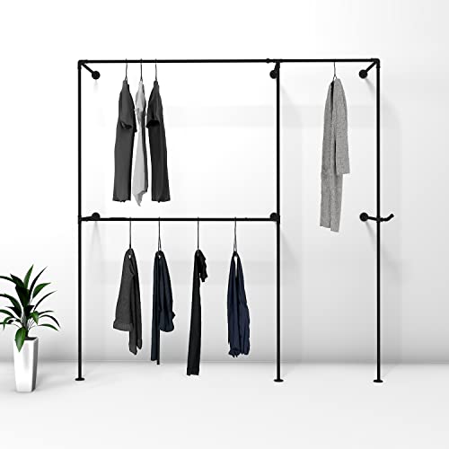 Anynice Industrial Pipe Clothing Rack,Industrial Clothing Rack, Clothing Rods for Hanging Clothes,Clothes Rack,Wall Mounted Garment Rack, Heavy Duty Coat Rack (62.5" W x 14.4" D x82 H, AF01)