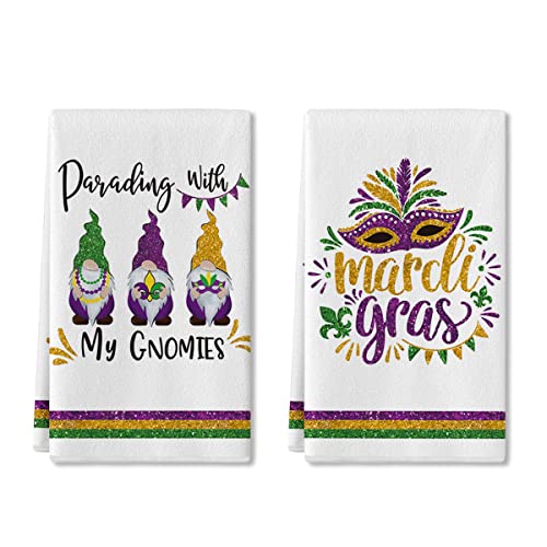 Artoid Mode Parading with My Gnomies Happy Mardi Gras Mask Home Kitchen Towels, 18 x 26 Inch Holiday Ultra Absorbent Drying Cloth Dish Towels for Cooking Baking Set of 2