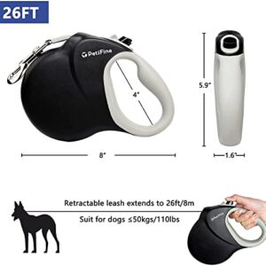 PetiFine 26ft/8m Heavy Duty Retractable Dog Leash for Large Dogs,Strong Extendable Dog Leash Up to 110 lbs, Reflective Nylon Tape Tangle Free(Black,New)