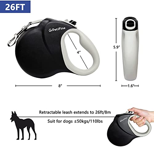 PetiFine 26ft/8m Heavy Duty Retractable Dog Leash for Large Dogs,Strong Extendable Dog Leash Up to 110 lbs, Reflective Nylon Tape Tangle Free(Black,New)