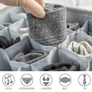 Sock Drawer Organizer Divider 2 Pack Socks Organizer with Lid 30 Cell Foldable Closet Sock Storage Divider Tie Storage Underwear Storage Boxes for Storing Socks Ties Bra Handkerchiefs Belts (Gray)