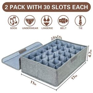 Sock Drawer Organizer Divider 2 Pack Socks Organizer with Lid 30 Cell Foldable Closet Sock Storage Divider Tie Storage Underwear Storage Boxes for Storing Socks Ties Bra Handkerchiefs Belts (Gray)