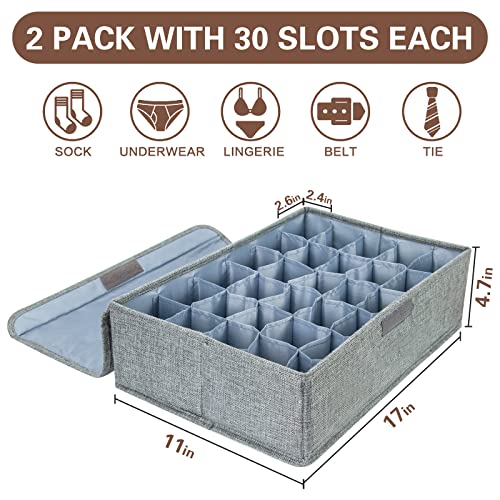 Sock Drawer Organizer Divider 2 Pack Socks Organizer with Lid 30 Cell Foldable Closet Sock Storage Divider Tie Storage Underwear Storage Boxes for Storing Socks Ties Bra Handkerchiefs Belts (Gray)