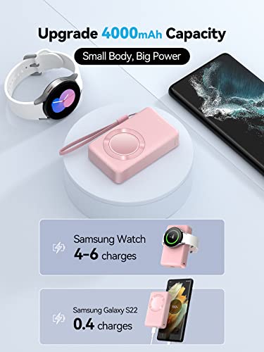 LVFAN for Samsung Galaxy Watch Charger 4000mAh, Fast Charging Portable Wireless Magnetic Charger for Samsung Galaxy Watch 6 Classic 5 Pro 4 3, Active 2/1, Gear S4/3, Travel Phone Emergency Power-Pink