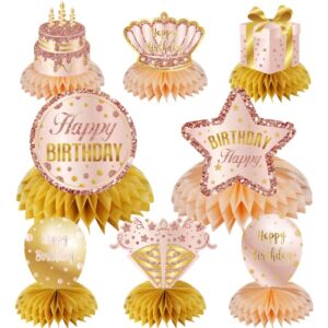 pink rose gold birthday decorations table honeycomb centerpieces for women girls, 8pcs happy birthday table party supplies, 10th 16th 21st 30th 40th 50th 60th bday table sign decor
