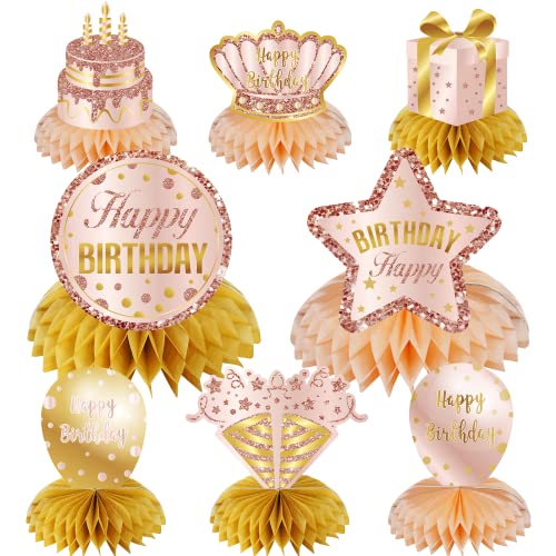 Pink Rose Gold Birthday Decorations Table Honeycomb Centerpieces for Women Girls, 8Pcs Happy Birthday Table Party Supplies, 10th 16th 21st 30th 40th 50th 60th Bday Table Sign Decor