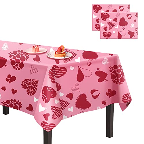 CAKKA Valentines Day Tablecloth Plastic 54x108 Inch, 2Pack Disposable Pink Heart Tablecloth, Rectangle Valentine Table Cloth Table Cover for Valentine’s Day Wedding Decor Decoration