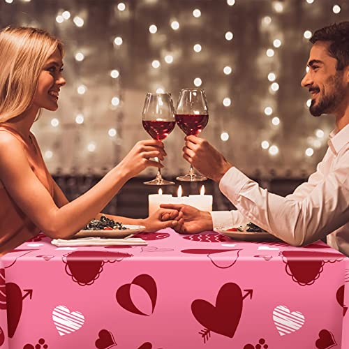 CAKKA Valentines Day Tablecloth Plastic 54x108 Inch, 2Pack Disposable Pink Heart Tablecloth, Rectangle Valentine Table Cloth Table Cover for Valentine’s Day Wedding Decor Decoration